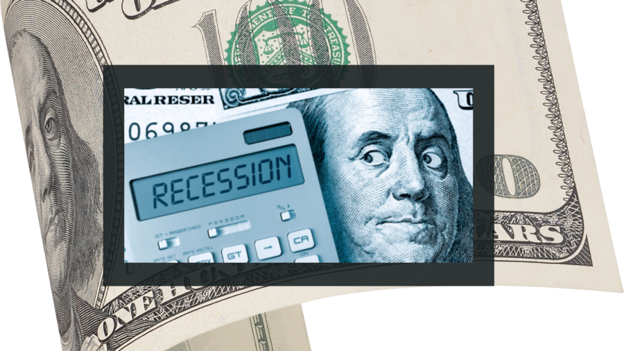 Picture of a calculator with dollars on it and the words rececession