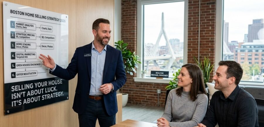 Picture of a realtor representing Michael Mahoney showing two clients data about the real estate market